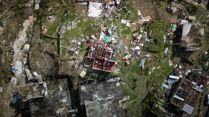 Aerial view of homes damaged after a hurricane